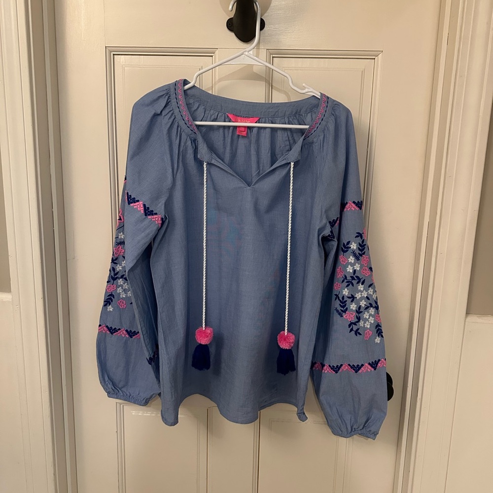 Lilly Pulitzer Blue Blouse with Pink Embroidery